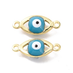 Steel Blue Brass Enamel Connector Charms, Real 18K Gold Plated, Evil Eye, Steel Blue, 6x14x4mm, Hole: 1mm