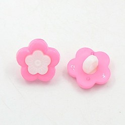 Pink Acrylic Shank Buttons, Plastic Buttons, 1-Hole, Dyed, Flower Plum Blossom, Pink, 14x3mm, Hole: 4x2mm