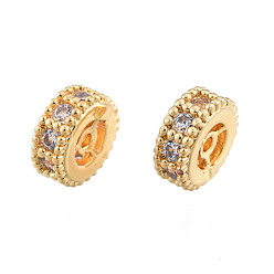 Real 14K Gold Plated Brass Pave Clear Cubic Zirconia Beads, Nickel Free, Column, Real 14K Gold Plated, 6x3mm, Hole: 0.8mm