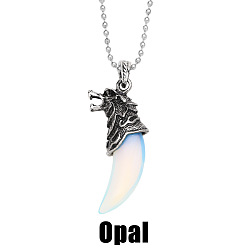 Opal Vintage Wolf Fang Pendant Men's Necklace with Crystal Agate Accents - NKB607