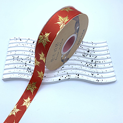 FireBrick 48 Yards Thanksgiving Day Polyester Satin Ribbons, Gold Stamping Maple Leaf, FireBrick, 1 inch(25mm), about 48.00 Yards(43.89m)/Roll