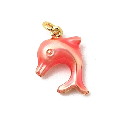 Pink Латунные эмалевые подвески с морскими животными, прелести дельфинов, без свинца и без кадмия, долговечный, стойки покрытие, реальный 18 k позолоченный, розовые, 21x16x5 мм, отверстие : 3.5 мм