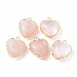 Rose Quartz Natural Rose Quartz Pendants, with Golden Plated Brass Findings, Heart Charms, 18~19x15~17x7~10mm, Hole: 2mm