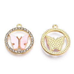 Pink Alloy Pendants, with Crystal Rhinestone and Acrylic, Ring with Butterfly Charm, Light Gold, Cadmium Free & Nickel Free & Lead Free, Pink, 18.5x16x2~3mm, Hole: 1.2mm