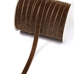 Coffee Single Face Velvet Ribbons with Glitter Powder, Garment Accessories, Coffee, 3/8 inch(10mm), 100 yards/roll