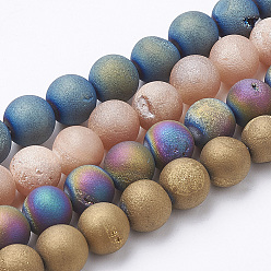 Mixed Color Electroplate Natural Druzy Geode Weathered Agate Beads Strands, Frosted, Dyed, Round, Mixed Color, 7.5~8mm, Hole: 1~1.5mm, about 44~46pcs/strand, 14.5~15 inch