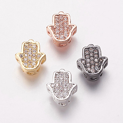 Mixed Color Brass Cubic Zirconia Beads, Hamsa Hand/Hand of Fatima/Hand of Miriam, Clear, Mixed Color, 9.5x8.5x4mm, Hole: 2mm