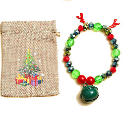 B00402 Christmas Bell + Christmas Ribbon Christmas Charm Bracelet with Glass Beads and Elastic Band for Women