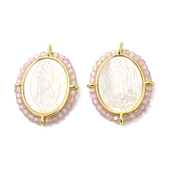 Бледно-Розовый Покрытие стойки латунь микро паве кубический цирконий и подвески в виде ракушек, долговечный, без кадмия и без свинца, реальный 18 k позолоченный, овал с подвесками в виде Девы Марии, розовый жемчуг, 30x22.5x4 мм, отверстие : 1.5 мм