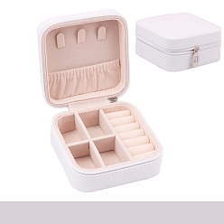 White Square PU Leather Jewelry Set Box, Travel Portable Jewelry Case, Zipper Storage Boxes, for Necklaces, Rings, Earrings and Pendants, White, 10x10x5cm