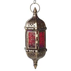 Antique Bronze Lantern Shape Iron Hanging Candlestick with Glass Candleholde, Home Moroccan Candlestick, Antique Bronze, 23x9cm