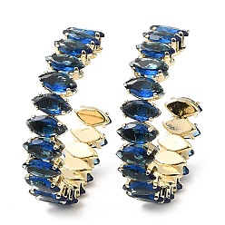 Marine Blue Cubic Zirconia Round Stud Earrings, Rack Plating Real 18K Gold Plated Brass Half Hoop Earrings for Women, Lead Free & Cadmium Free, Marine Blue, 35x8mm