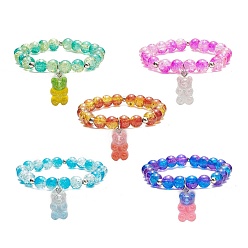 Mixed Color Bling Galss Round Beaded Stretch Bracelet, Resin Bear Charms Adjustable Bracelet for Kids, Mixed Color, Inner Diameter: 1-5/8 inch(4cm)