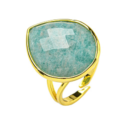 Amazonite Teardrop Natural Amazonite Open Cuff Rings, Golden Plated Brass Ring for Unisex, Inner Diameter: Adjustable