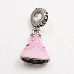 Pink Dressing Alloy Enamel European Dangle Charms, Large Hole Pendants, Antique Silver, Pink, 27mm, Hole: 4.5mm
