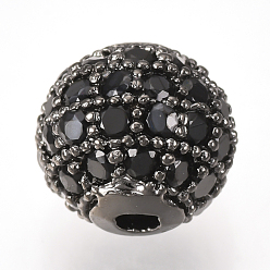 Gunmetal Brass Micro Pave Cubic Zirconia Beads, Round, Black, Gunmetal, 8mm, Hole: 1.5mm