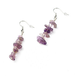 Amethyst Natural Amethyst Chip Beads Dangle Earrings, Brass Jewelry for Girl Women, Platinum, 53.5~54.5mm, Pin: 0.5mm