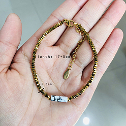 Белый Нефрит Браслеты из натуральных белых нефритовых бусин для женщин и мужчин, с не-магнитных шариков гематита, реальный 18 k позолоченный, конус, 6-3/4 дюйм (17 см)