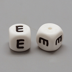 Letter E Food Grade Eco-Friendly Silicone Beads, Chewing Beads For Teethers, DIY Nursing Necklaces Making, Letter Style, Cube, White, 12x12x12mm, Hole: 2mm