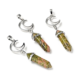 Unakite Natural Unakite Double Terminated Pointed Big Pendants, with Platinum Tone Brass Findings, Cadmium Free & Lead Free, Moon with Bullet, Faceted, 70~75mm, Hole: 4.6x8mm