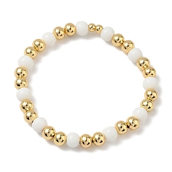 Белый Женские браслеты из круглых бусин из латуни и стекла, стойки покрытие, без свинца и без кадмия, долговечный, реальный 18 k позолоченный, белые, внутренний диаметр: 2 дюйм (5.1 см)