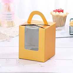Gold Foldable Individual Kraft Paper Cake Box, Bakery Single Cupcake Packing Box, Rectangle with Clear Window and Handle, Gold, 91x92x110mm