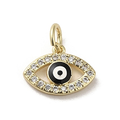 Black Brass Micro Pave Cubic Zirconia Charms, with Enamel, with Jump Ring, Real 18K Gold Plated, Evil Eye, Black, 10.5x14.5x2.5mm, Hole: 3.6mm