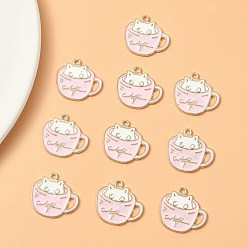 Pink Alloy Enamel Pendants, Light Gold, Cup with Cat Charm, Pink, 18.5x20x1mm, Hole: 1.5mm