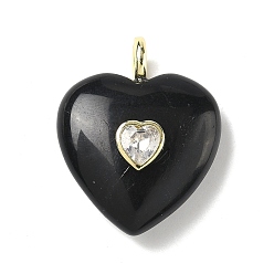 Обсидиан Природные подвески обсидиана, Подвески в форме сердца с фурнитурой из кубического циркония, инкрустированной латунью., золотые, 30.5~31x25.5x10.5 мм, отверстие : 4 мм