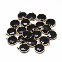 Black Agate Dyed Natural Black Agate Pendants, with Golden Tone Brass Findings, Faceted, Flat Round, 21x18x6mm, Hole: 2mm