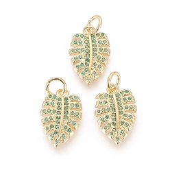 Green Brass Micro Pave Cubic Zirconia Pendants, with Jump Ring, Long-Lasting Plated, Real 18K Gold Plated, Monstera Leaf, Green, 15x10x2.5mm, Hole: 3mm