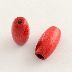 Red Dyed Natural Wood Beads, Egg Shaped Rugby Wood Beads, Oval/Oblong, Lead Free, Red, 15x7~8mm, Hole: 3mm, about 3800pcs/1000g
