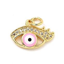 Бледно-Розовый Покрытие стойки латунь микропаве прозрачные кубические циркониевые подвески, с прыжковыми кольцами и эмалью, без кадмия и без свинца, злые глаза, золотые, розовый жемчуг, 10.5x15x3.5 мм, отверстие : 3.4 мм