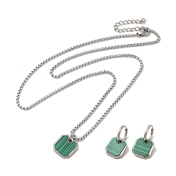 Stainless Steel Color Synthetic Malachite Octogon Dangle Hoop Earring & Pendant Nacklace, 304 Stainless Steel Jewelry Set for Women, Stainless Steel Color, Necklace: 505mm, Earring: 26mm, Pin: 0.9mm