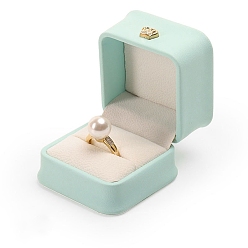 Aquamarine Crown Square PU Leather Ring Jewelry Box, Finger Ring Storage Gift Case, with Velvet Inside, for Wedding, Engagement, Aquamarine, 5.8x5.8x4.8cm