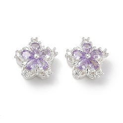 Лиловый Латунные звенья с инкрустацией кубическим цирконием, цветок, 925 серебро покрытием, сирень, 13x13x7 мм, отверстие : 1.6 мм