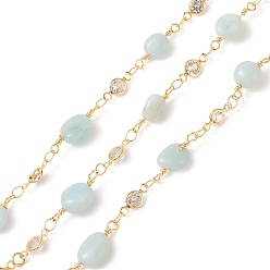 Amazonite Natural Amazonite Nugget Beaded Brass Cable Chains, with Colorful Cubic Zirconia Flat Round Links, Soldered, with Spools, Cadmium Free & Lead Free, Real 18K Gold Plated, 17~18x6.5~7x5~5.5mm, 7.5x4x2mm