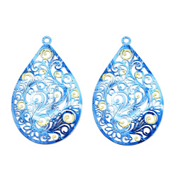 Озёрно--синий Окрашены распылением 430 филигранные большие подвески из нержавеющей стали, гравированные металлические украшения, слеза, Плут синий, 45x28.5x0.5 мм, отверстие : 2 мм