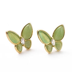 Yellow Green Cat Eye Butterfly Stud Earrings with Clear Cubic Zirconia, Real 18K Gold Plated Brass Jewelry for Women, Cadmium Free & Lead Free, Yellow Green, 15x17.5mm, Pin: 0.7mm