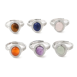 Mixed Stone Natural Gemstone Oval Adjustable Ring, Platinum Brass Jewelry for Women, Cadmium Free & Lead Free, 2.5~3.3mm, Inner Diameter: 18.8mm