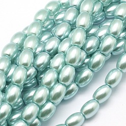 Pale Turquoise Eco-Friendly Spray Painted Glass Rice Bead Strands, with Cotton Thread, Pale Turquoise, 7x5mm, Hole: 1mm, about 57pcs/strand, 16 inch