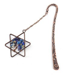 Lapis Lazuli Natural Lapis Lazuli Chip Beaded Tree of Life in Star of David Pendant Bookmark, Red Copper Plated Alloy Hook Bookmark, 120mm
