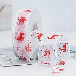White 22M Christmas Printed Organza Ribbons, Flat, White, 1 inch(25mm), about 24.06 Yards(22m)/Roll