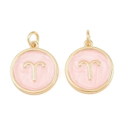 Aries Brass Enamel Pendants, Flat Round & Constellation Charms, Rack Plating, Long-Lasting Plated, Cadmium Free & Lead Free, Golden, Aries Charms, 17.5x15x2mm, Hole: 3mm
