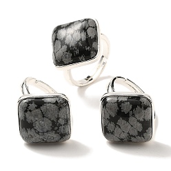 Снежный Обсидиан Регулируемые кольца из натурального обсидиана в виде снежинки, с латунной основой, без свинца и без кадмия, ромб, ромб: 24x25 мм, размер США 9 3/4 (19.5 мм)