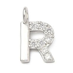Letter R Латунные микропаве прозрачные подвески с фианитом, без кадмия и без свинца, долговечный, стойки покрытие, платина, Буква R, 18x11x2.5 мм, отверстие : 2.5 мм