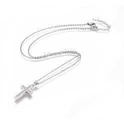 Stainless Steel Color 304 Stainless Steel Pendant Necklaces, with Brass Cubic Zirconia Pendants, Cross, Platinum & Stainless Steel Color, 17.32 inch~17.71 inch(44~45cm), Pendant: 24x13x3mm