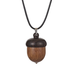 Camel Acorn Shape Ebony Wood Locket Pendant Necklace with Wax Cords, Openable Storage Box Necklace for Women, Camel, 17.40 inch(44.2cm)