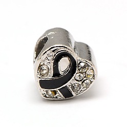 Черный Платиновый оттенок сплав горный хрусталь европейских бисер, бусины с большим отверстием и эмалевым символом борьбы против рака молочной железы, чёрные, 9.5x9.5x8.5 мм, отверстие : 4 мм