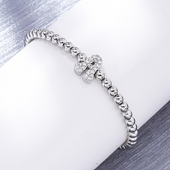 Letter A Латунные круглые бусины эластичные браслеты, Подвеска в виде буквы из латуни с микропаве из прозрачного кубического циркония для женщин, без свинца и без кадмия, стойки покрытие, платина, буква a, внутренний диаметр: 2~2-1/8 дюйм (5~5.5 см)